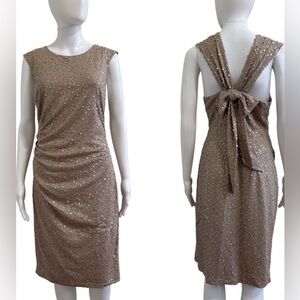 NWT David Meister Brown Stretch Sequined Back Bow Sleeveless Sheath Dress Sz 12